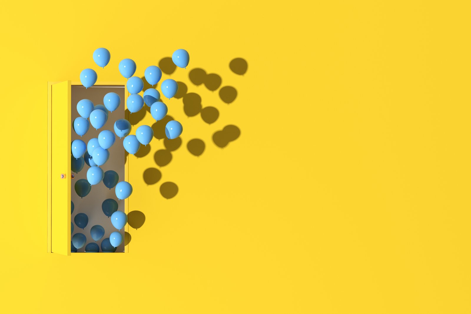 Hero image: minimal celebration scene of blue balloons floating through a yellow door